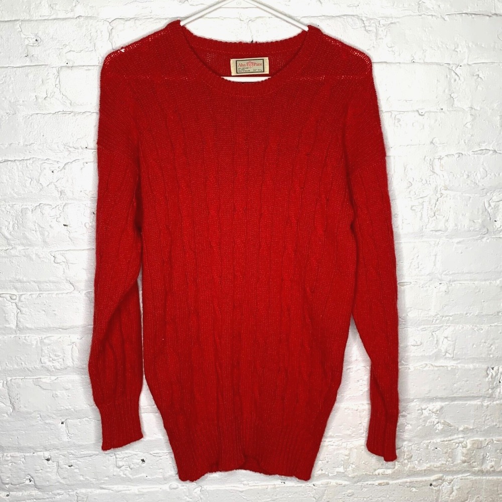 Alan Paine Sweater Mens 38" Cable Knit Red Shetland‎ Wool Chunky Long